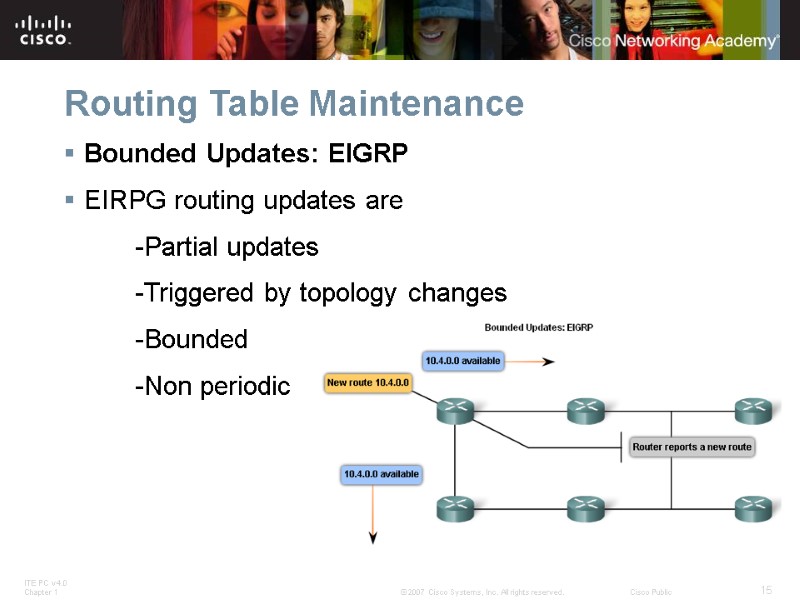 Routing Table Maintenance Bounded Updates: EIGRP EIRPG routing updates are    -Partial